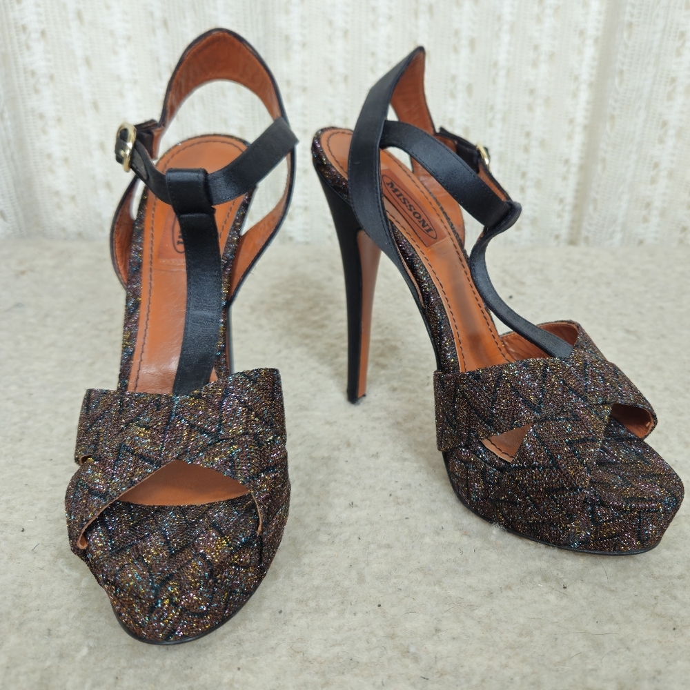 Missoni Tess Lurex Basket Ankle T-Strap  Glitter Platform Heels Black Size 37.5